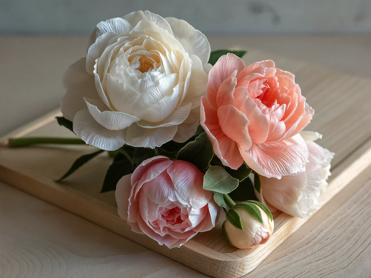Illustrative gum paste rose and peony bouquet resting on a pale board