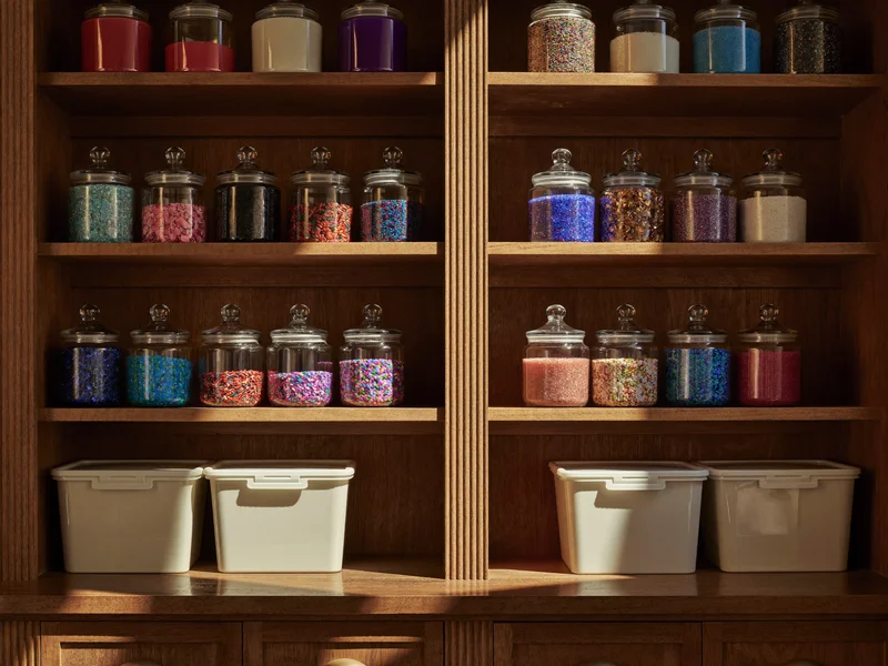 Illustrative shelves of unbranded jars holding glitter, colouring gels and sprinkles