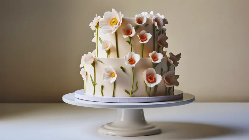 Illustrative two-tier iced cake with sculpted sugar flowers on a plain stand
